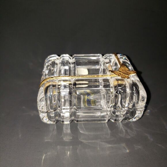 Royal Crystal Rock Clear Lead Trinket Box Gold Tone Butterfly Italy 3.5"×2.5" - Picture 2 of 12